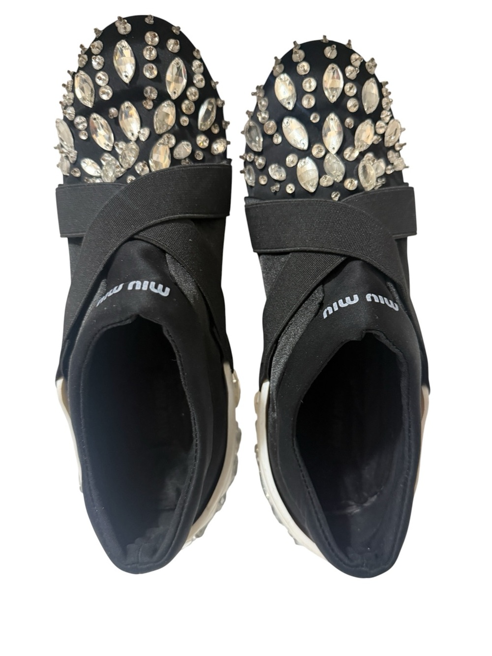Black Crystal-Embellished Cross-Strap Slip-Ons - Picture 2 of 15